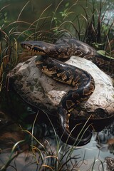 A snake resting on a rock in the water. Suitable for nature themes