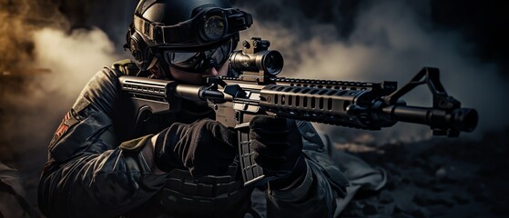 portrait of special forces soldier aiming assault rifle