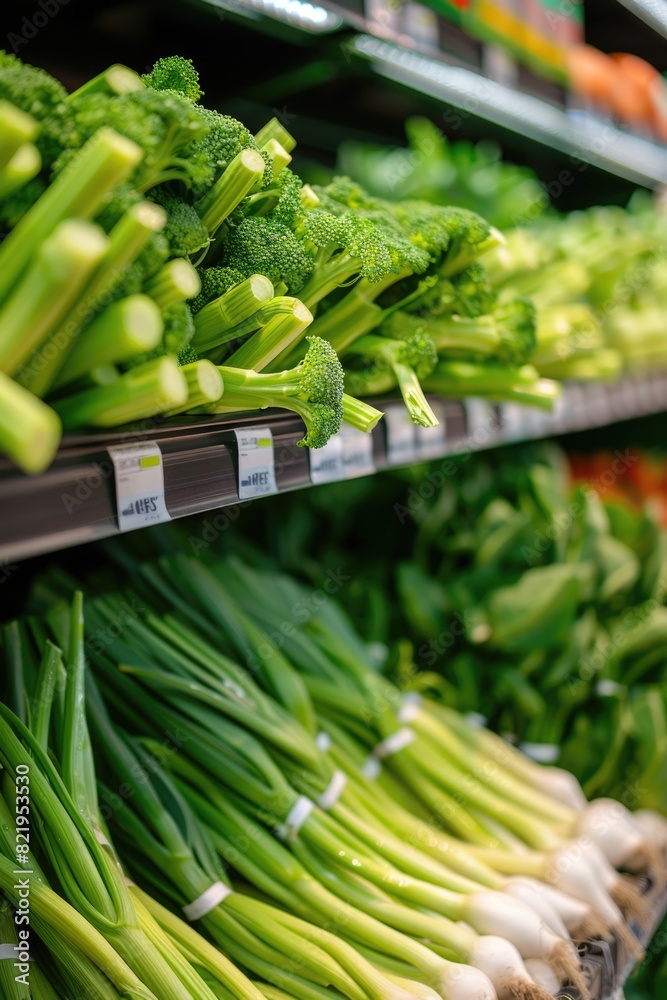 Poster a bunch of broccoli displayed on a shelf in a grocery store. perfect for food and healthy eating con