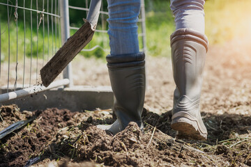 person with shovel, a man wears boots working in the garden, working gardening concept, cultivation...