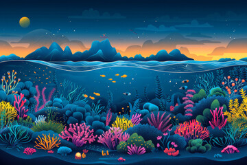 Night-time underwater scene with coral reefs under a starlit sky, suitable for environmental themes. World Ocean Day.