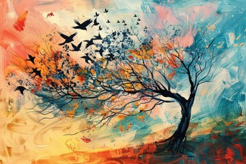 A painting of a tree with birds flying around it. Suitable for nature themes