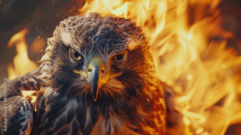 Poster a dramatic close up of a bird of prey engulfed in flames. ideal for illustrating the concept of dang