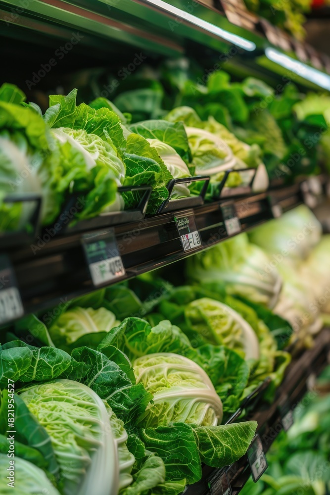 Aufkleber a bunch of lettuce neatly displayed on a shelf in a grocery store. perfect for food and nutrition co