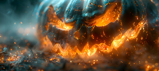 Fototapeta premium A close-up of the glowing interior of a freshly carved Halloween jack-o'-lantern