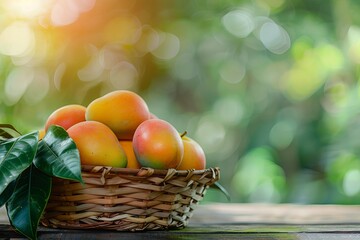 Fresh and beautiful mango fruit in a bamboo basket on nature backgrounds, copy space(text space), blank for text. --