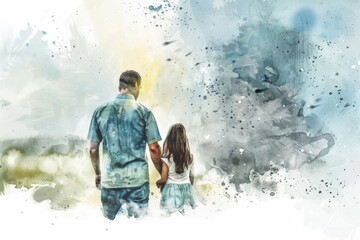 A heartwarming painting of a man and a little girl holding hands. Suitable for family-themed designs
