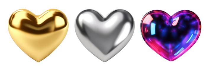 3d hearts png element set on transparent background