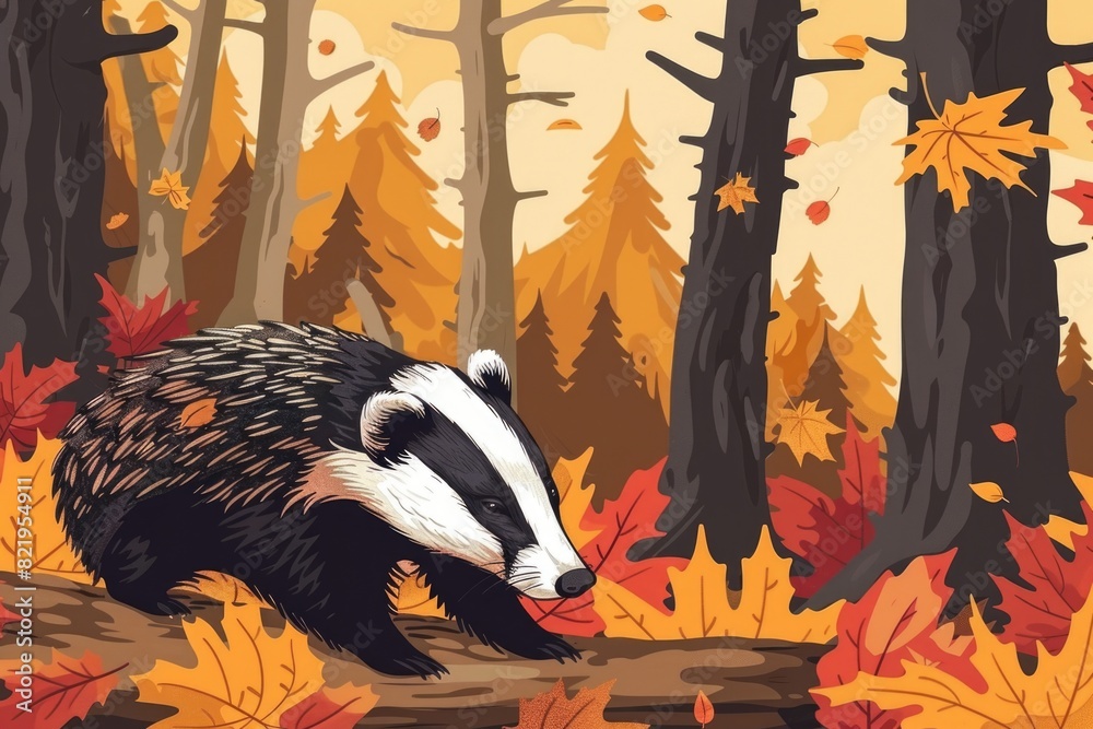 Poster a badger walking through the woods in the fall. suitable for nature and wildlife themes