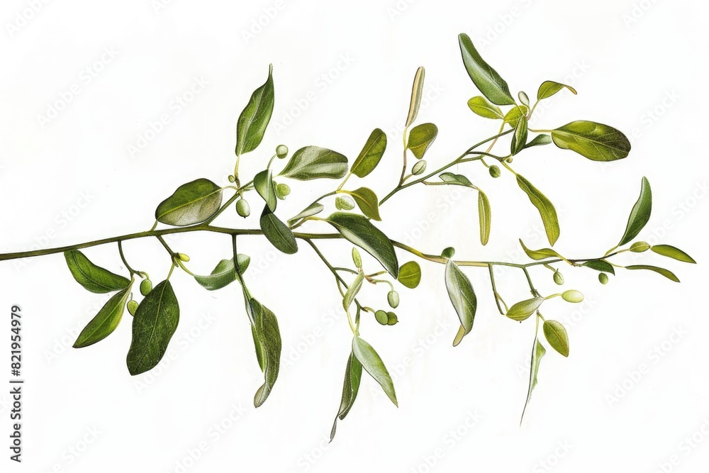 Poster a close-up of a branch with green leaves. suitable for nature and botanical themes