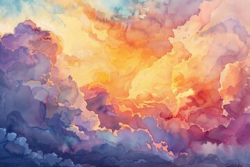 Beautiful painting of a colorful sky with fluffy clouds. Perfect for adding a pop of color to any room