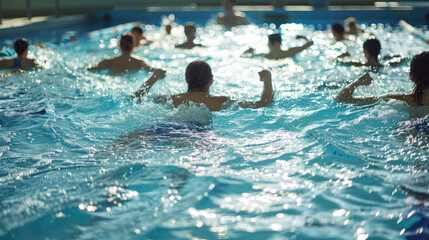 Water aerobics in the pool. Fitness class doing aqua aerobics in swimming pool.