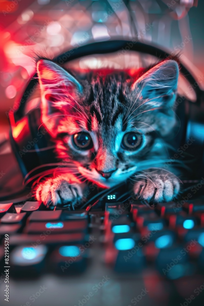 Poster cute kitten laying on a computer keyboard, perfect for technology blogs or social media posts