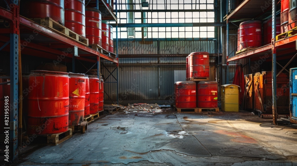 Poster a large warehouse filled with rows of red barrels. ideal for industrial and storage concepts