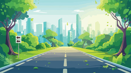 Summer forest highway to modern city. Vector cartoon