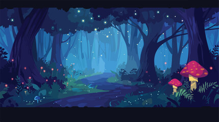 Night forest landscape with trees and road glowworms
