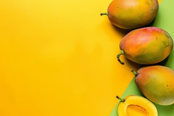 Cut ripe mangoes and space for text on color background, top view -