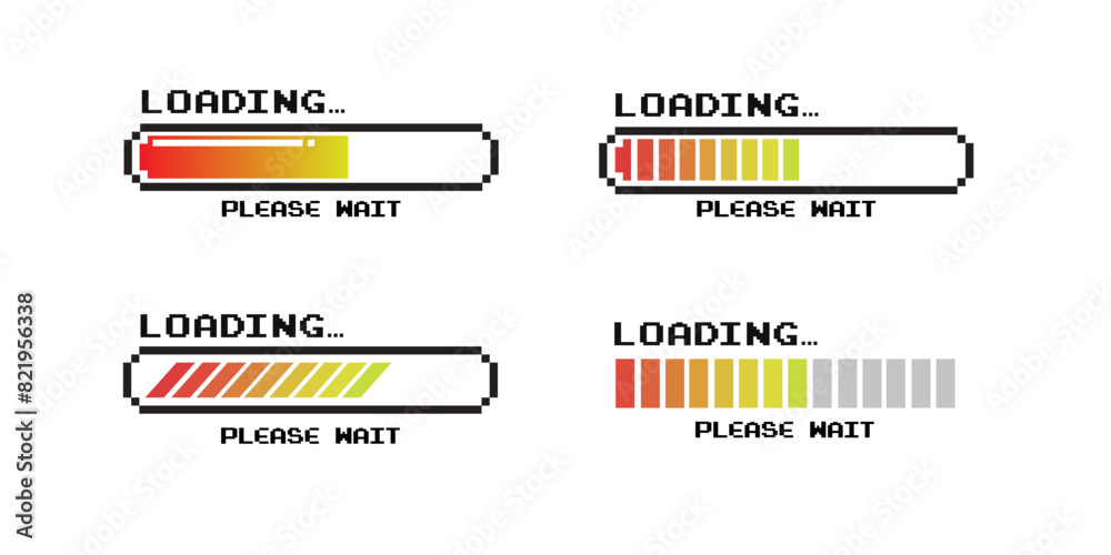 Poster pixel art 8-bit loading bar concept. loading icons set.load bar collection. loading icons on white b