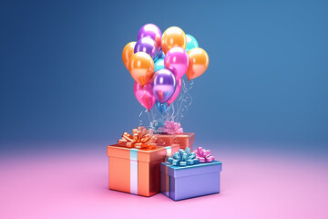 Online shopping, gifts and balloons on gradient background. 3D rendering