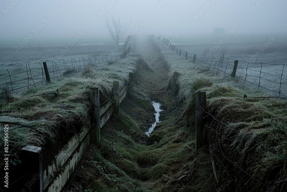 Poster a fenced area with lush grass and a flowing stream. ideal for nature and landscape concepts