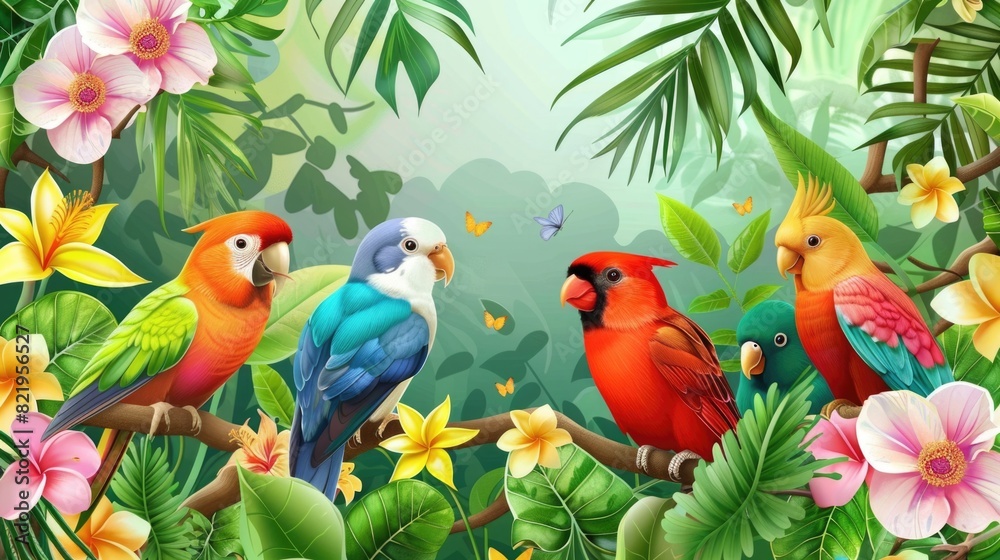 Poster group of colorful birds perched on a branch. ideal for nature and wildlife themes
