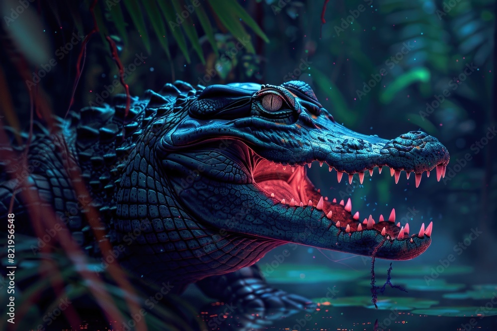 Poster close-up of an alligator with its mouth open. suitable for nature and wildlife themes
