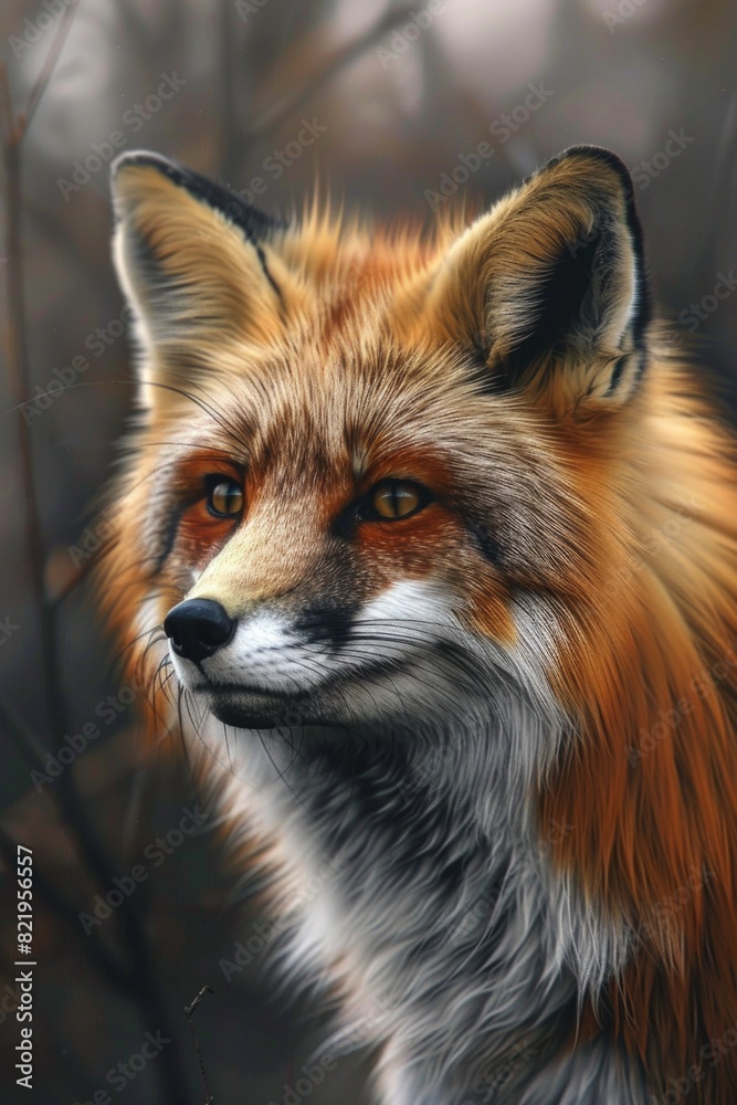 Poster a close up image of a red fox with a blurry background. suitable for various nature-themed designs