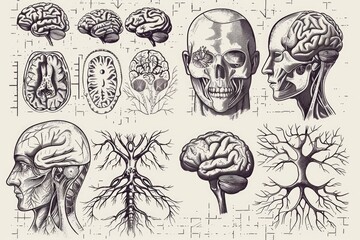 Detailed drawing of a human head and brain, suitable for medical or educational purposes