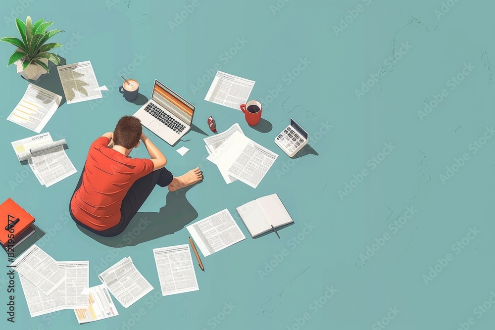 Poster a man sitting on the floor surrounded by papers and a laptop. perfect for illustrating office work o