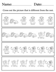 Lion Puzzle. Printable Activity Page for Kids. Educational Resources for School for Kids. Kids Activity Worksheet. Find the Different Object