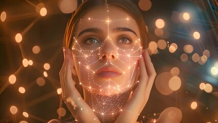 Creative trend collage of attractive woman touch neck artificial intelligence scanning face brown color background  - Powered by Adobe