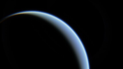 Edge of planet atmosphere, gently illuminated by band of light against the profound darkness of space. Gentle arc of planet horizon creates a delicate crescent. 3d render