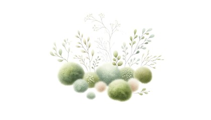 Green and blue watercolor moss balls with leaves and branches.