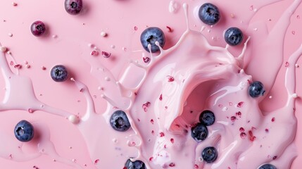 Pink milk splash with blueberries on a pink background. A vibrant and refreshing image perfect for food and beverage advertising.