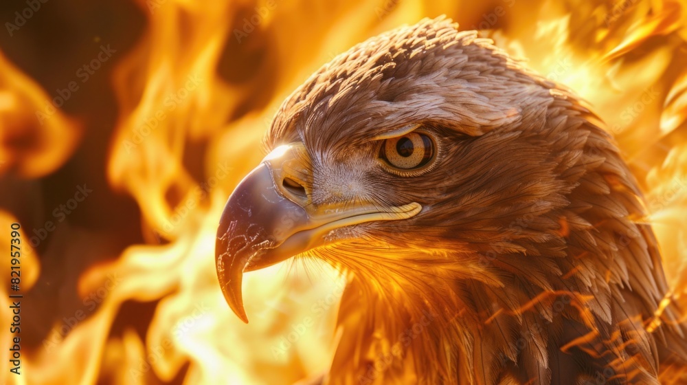Poster Close up of a bird of prey engulfed in flames, suitable for dramatic and intense visual concepts