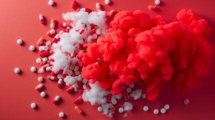 Artistic concept of red smoke emanating from a pile of pills on a red background, symbolizing medical or pharmaceutical themes.