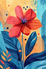 Aesthetic vibrant colorful abstract flowers and leaves in naive hand drawn style. Natural floral background, poster, print