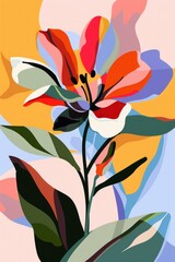 Aesthetic vibrant colorful abstract flowers and leaves in naive hand drawn style. Natural floral background, poster, print