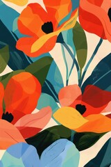 Aesthetic vibrant colorful abstract flowers and leaves in naive hand drawn style. Natural floral background, poster, print