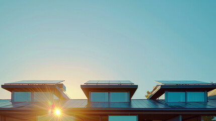 Sleek modern homes embrace eco-friendly living with rooftop solar panels, bathed in sunlight under a clear blue sky.