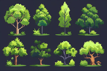 Fototapeta premium Trees and bushes flat cartoon illustration collection, game assets isolated on black background