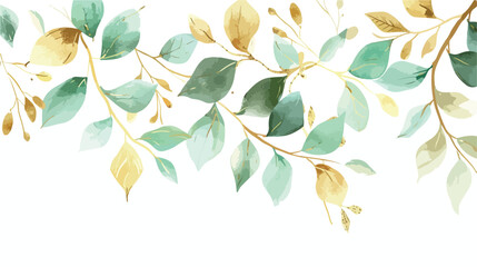 Mint and gold leaves hand painted floral drop isolated