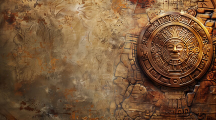 Naklejka premium The background shows a beautiful, aged wall with a Mesoamerican calendar, full of mysterious symbols and patterns
