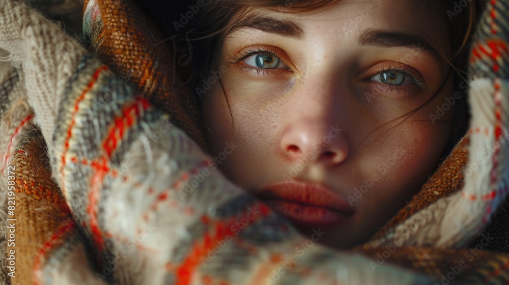 Aufkleber A close up image of a person wrapped in a blanket. Suitable for various concepts and designs