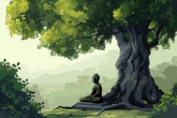 A person sitting under a tree in a forest. Suitable for nature and relaxation concepts