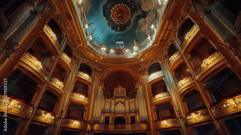Poster Interior view of a building ceiling with a clock, suitable for architectural and time management concepts
