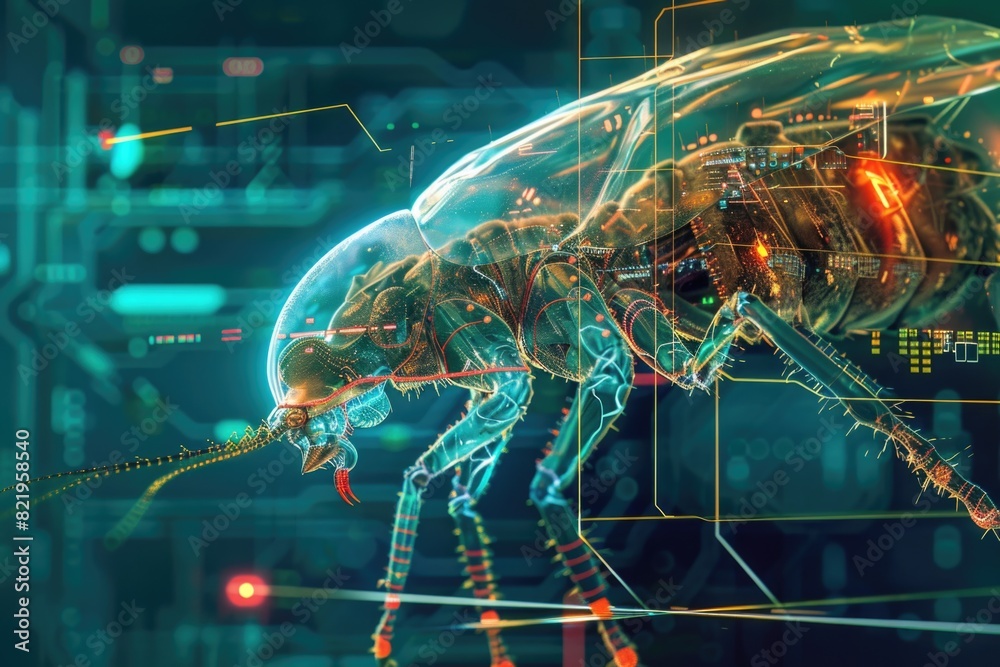 Poster Detailed view of a bug on a computer screen. Suitable for technology concepts
