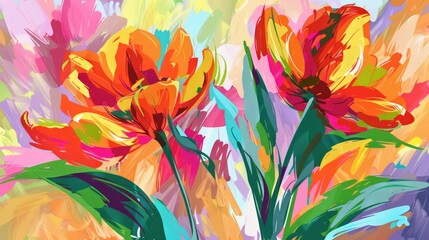 Aesthetic vibrant colorful abstract flowers and leaves in naive hand drawn style. Natural floral background, poster, print