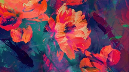 Aesthetic vibrant colorful abstract flowers and leaves in naive hand drawn style. Natural floral background, poster, print