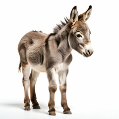Obraz premium side view of little donkey foal standing against white background,